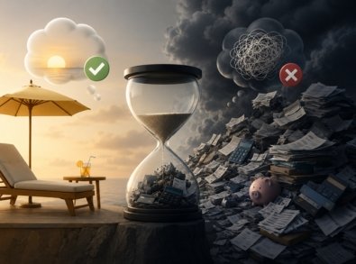 Ampulheta separa um cenário tranquilo com cadeira de descanso de outro tomado por contas, papéis e calculadoras sob nuvens escuras, representando o acúmulo de preocupações financeiras ao longo do tempo.