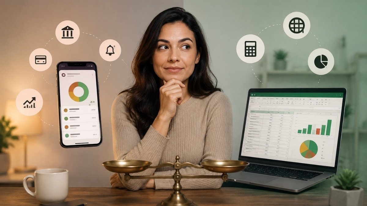 Mulher diante de um celular com aplicativo de finanças e um notebook com planilha e gráficos, comparando opções para controle financeiro pessoal.