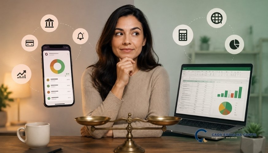 Mulher diante de um celular com aplicativo de finanças e um notebook com planilha e gráficos, comparando opções para controle financeiro pessoal.