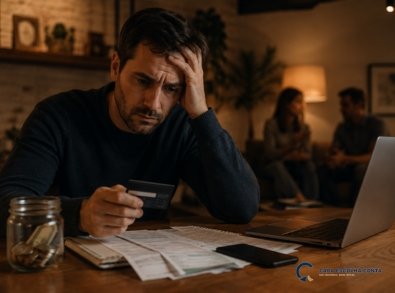 Homem preocupado analisando faturas e cartão de crédito diante de uma pequena reserva de dinheiro, representando gastos que crescem junto com o salário.