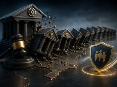 Instituições financeiras representadas como prédios bancários em queda sobre o mapa do Brasil, ao lado de um martelo e de um escudo de proteção.