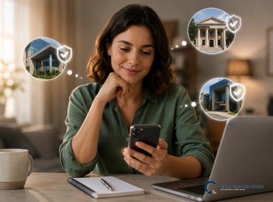 Mulher consulta investimentos pelo celular enquanto considera distribuir sua reserva entre diferentes bancos protegidos pelo FGC.