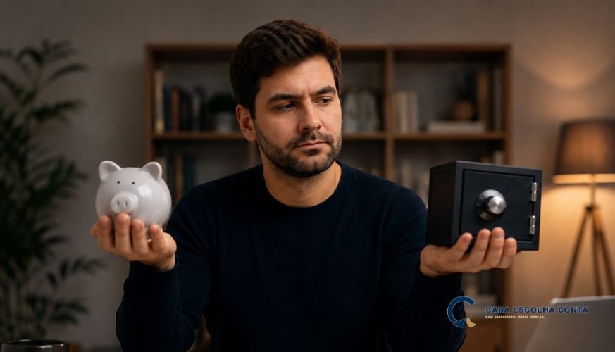 Homem compara um cofrinho e um pequeno cofre enquanto avalia opções para sua reserva de emergência.