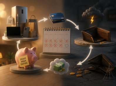 Composição em ciclo com compras, cartões, calendário, cofrinho e expectativa de dinheiro futuro levando a carteiras vazias e poucas moedas ao fim do mês.