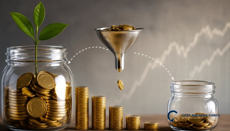 Ilustração com moedas, potes de investimento e funil representando a retirada periódica de recursos pelo come-cotas e seu impacto no crescimento dos fundos.