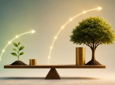 Balança de madeira com uma planta jovem e poucas moedas de um lado e uma árvore adulta com uma pilha maior de moedas do outro, ilustrando o crescimento do dinheiro ao longo do tempo.