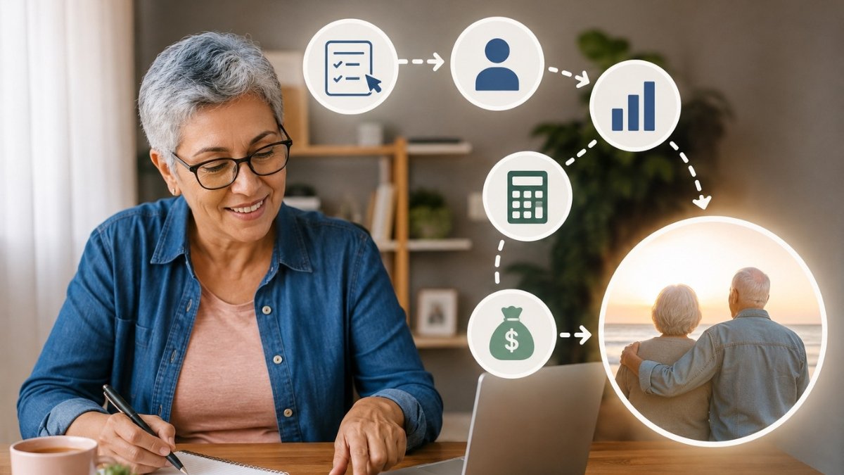 Mulher mais velha usando calculadora e notebook para planejar a aposentadoria, com ícones de etapas financeiras e um casal de idosos ao fundo.