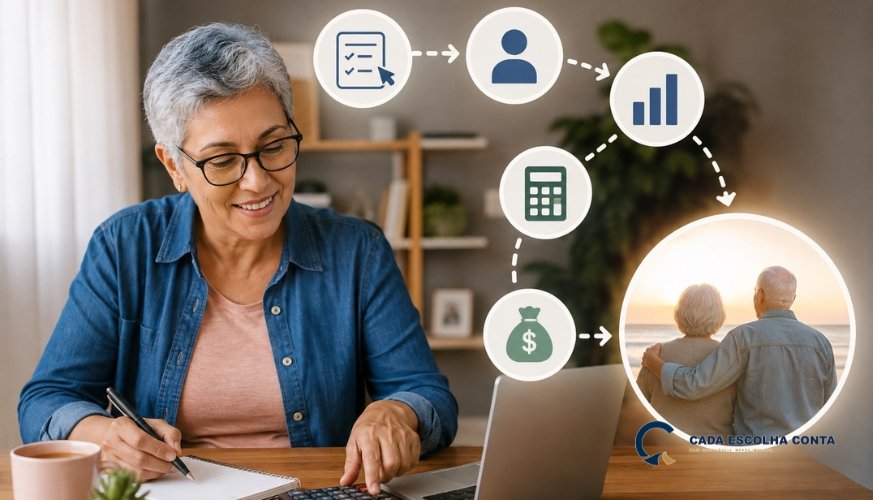 Mulher mais velha usando calculadora e notebook para planejar a aposentadoria, com ícones de etapas financeiras e um casal de idosos ao fundo.