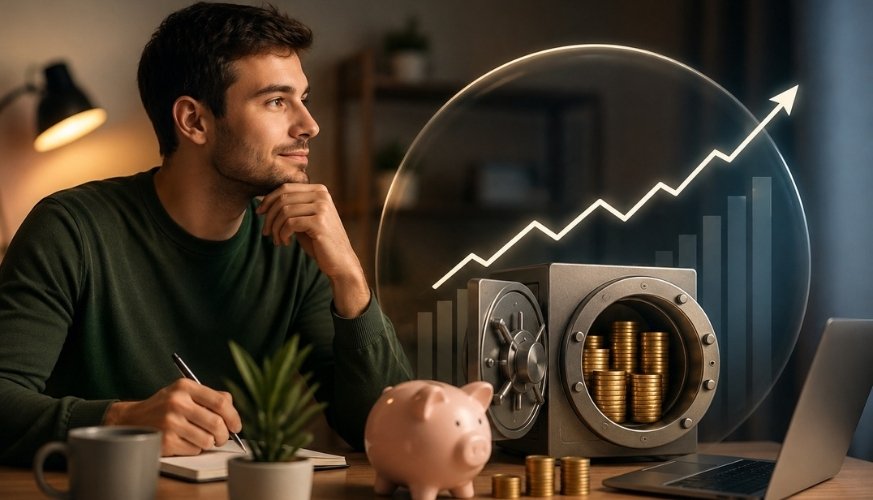 Tesouro Selic: homem analisando investimentos diante de um cofre com moedas, porquinho de poupança e gráfico de crescimento.