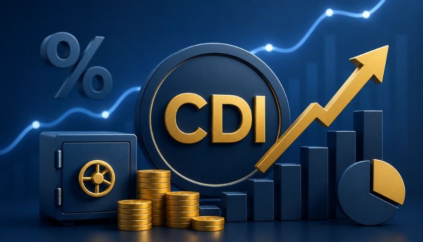 Ilustração sobre CDI com gráficos, moedas, percentual e elementos que representam investimentos e renda fixa.