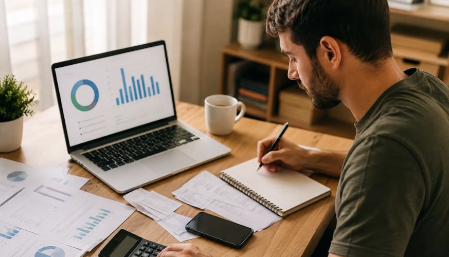 Profissional autônomo organizando o orçamento e analisando receitas e despesas com renda variável