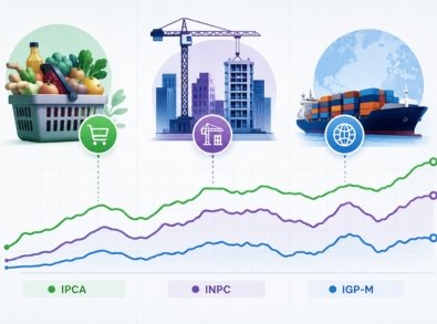Infográfico com supermercado, construção e transporte de cargas acima de três linhas de gráfico, ilustrando as diferentes variações de IPCA, INPC e IGP-M ao longo do tempo.