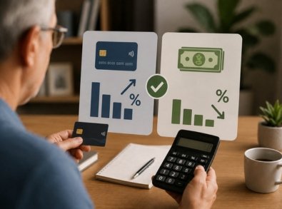 Idoso com cartão e calculadora compara dois painéis com gráficos de juros, representando a análise das taxas do cartão e do empréstimo consignado.