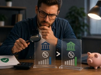 Homem com lupa analisa dois indicadores de custos de crédito sobre a mesa, ao lado de calculadora, documentos e cofrinho.