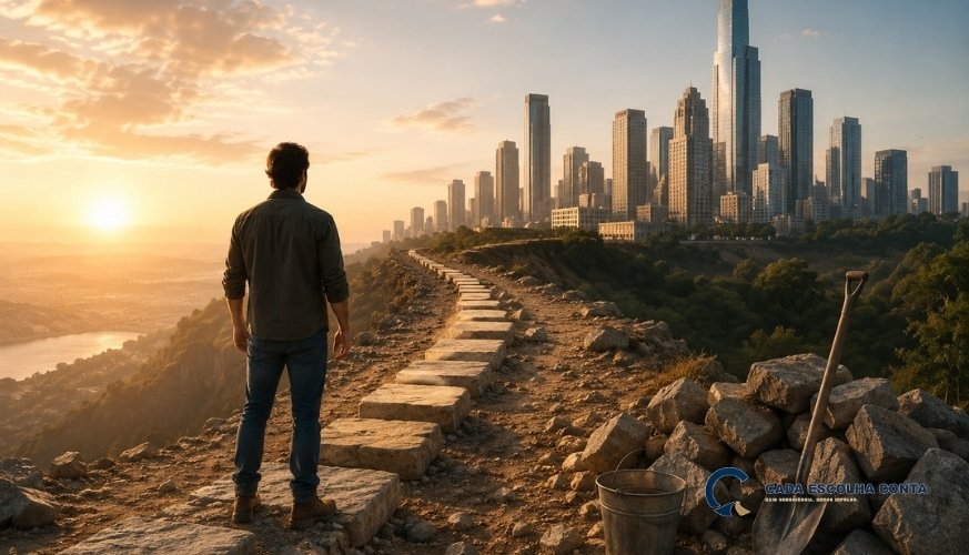 Homem diante de um caminho de pedras em construção que segue em direção a uma cidade, simbolizando o início da construção de patrimônio.