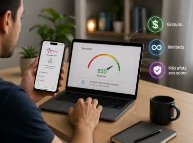 Pessoa consultando o CPF e verificando o score de crédito pelo celular e computador