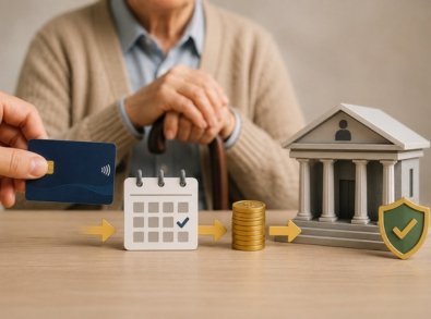 Aposentado ao fundo com cartão, calendário, moedas e banco conectados por setas, representando o desconto automático mensal do cartão consignado.
