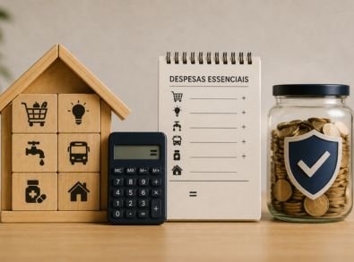 Calculadora, despesas essenciais e pote com moedas representam o cálculo do valor necessário para uma reserva de emergência.