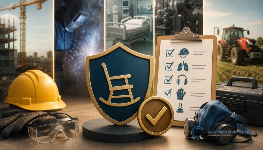 Capacete, óculos, luvas e respirador ao lado de um escudo com símbolo de aposentadoria e uma prancheta com ícones de riscos ocupacionais, representando a comprovação do direito à aposentadoria especial.