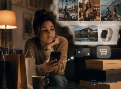 Mulher olhando o celular cercada por compras enquanto observa nas redes sociais pessoas com carros, viagens, roupas e casas de alto padrão.