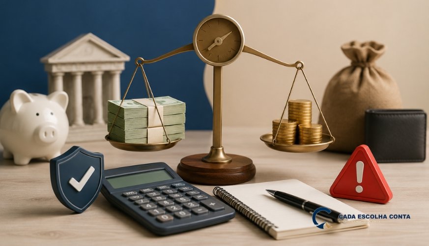 Balança com dinheiro e moedas, calculadora, cofrinho, banco e símbolos de segurança e alerta representando a análise de um empréstimo consignado.