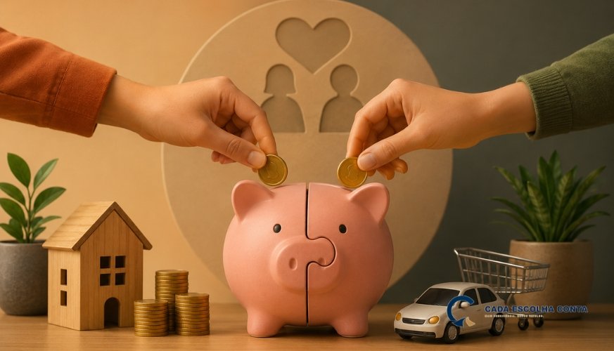 Duas mãos colocando moedas em um cofrinho compartilhado, cercado por uma casa, pilhas de moedas, carro e carrinho de compras, representando a organização das finanças a dois.