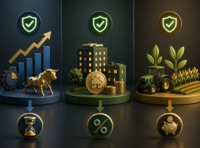 Ilustração dividida em três áreas com gráfico de ações, imóveis e atividade agrícola, representando fundos de ações, FIIs e FIAgros e seus diferentes regimes de tributação.