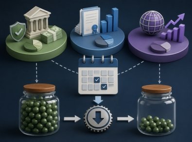 Ilustração de diferentes fundos de investimento ligados a um calendário e a recipientes com cotas, mostrando a redução automática da quantidade de cotas pela cobrança semestral do imposto.
