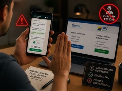 Pessoa desconfiando de cobrança por WhatsApp com pedido de pagamento via Pix