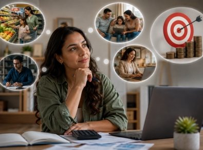 Mulher analisando o orçamento doméstico, com cenas de consumo e família representando como o IPCA acompanha a inflação para diferentes faixas de renda.