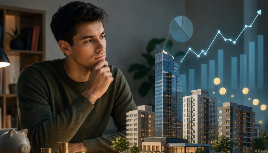 Fundos imobiliários vale a pena: homem analisando gráficos de investimento em FIIs ao lado de uma maquete de prédios e moedas