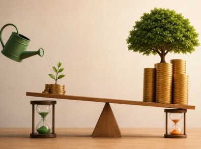 Comparação visual entre uma pequena pilha de moedas com uma muda e grandes pilhas de moedas com uma árvore adulta, ilustrando o efeito de começar a investir mais cedo.