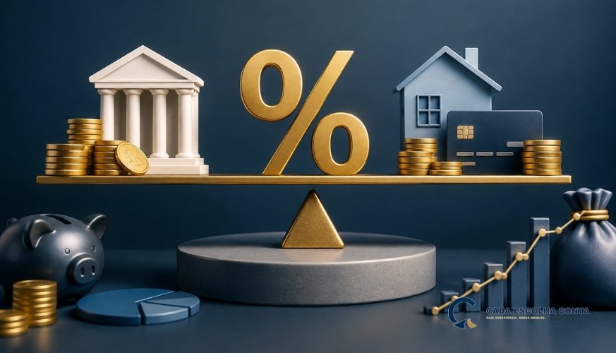 Balança com símbolo de porcentagem ao centro, banco e moedas de um lado e casa, cartão e moedas do outro, representando a incidência do IOF em investimentos e empréstimos.