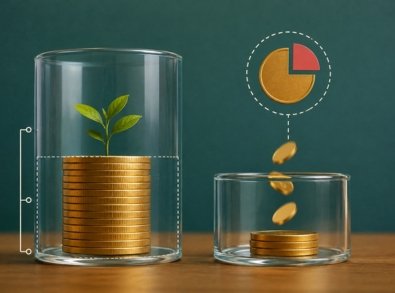 Recipientes transparentes com pilhas de moedas, planta simbolizando crescimento e gráfico destacando uma parcela do rendimento, representando o IOF regressivo em resgates recentes.