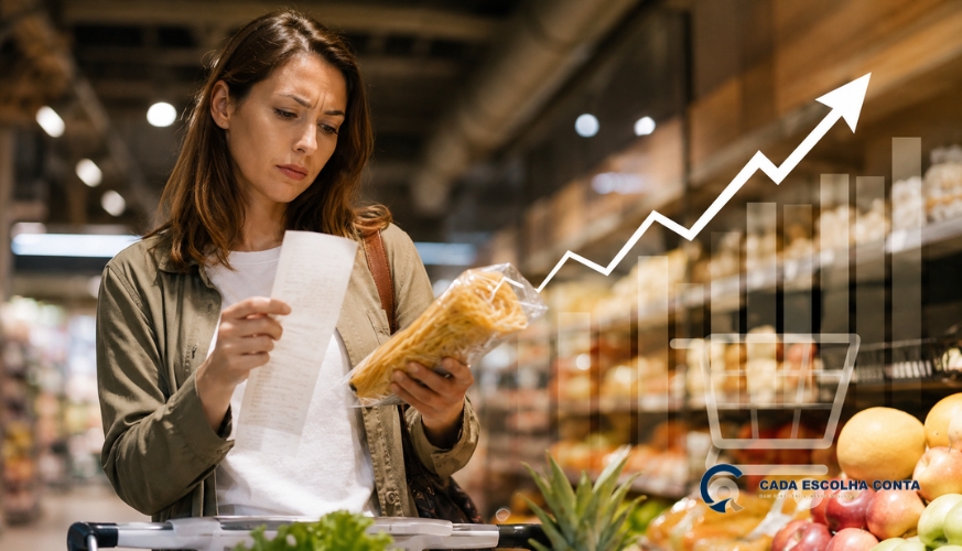 Mulher analisando o orçamento doméstico, com cenas de consumo e família representando como o IPCA acompanha a inflação para diferentes faixas de renda.