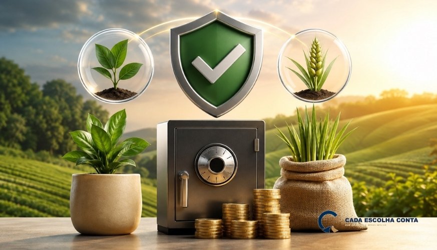 Cofre cercado por moedas, plantas e elementos agrícolas, com escudo de proteção ao centro, representando investimentos em LCI e LCA.
