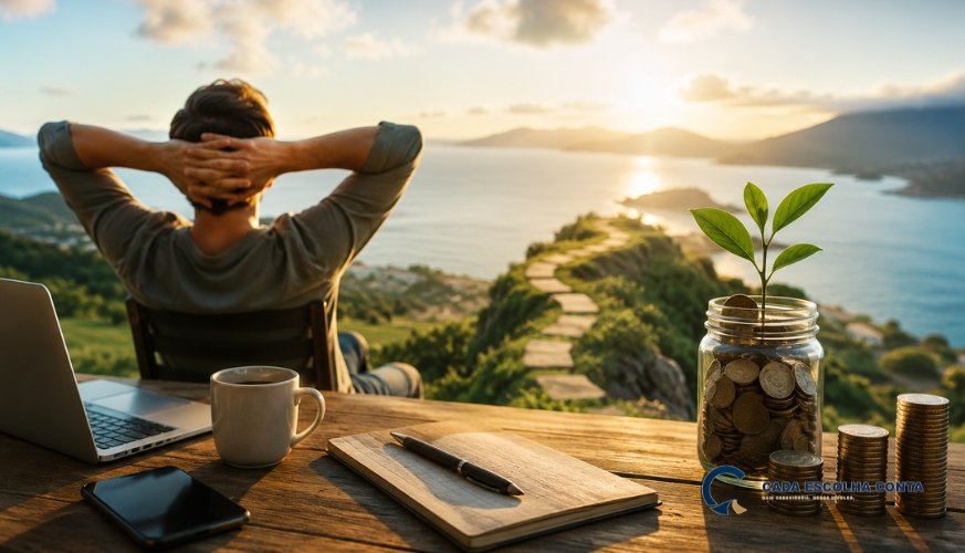 Homem relaxando diante de uma paisagem enquanto moedas, uma planta crescendo e um caderno representam planejamento e construção da liberdade financeira.