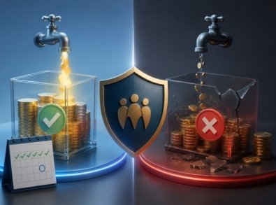 Comparação entre moedas protegidas por um escudo e moedas em um recipiente rachado, representando valores cobertos e excedentes sem garantia do FGC.