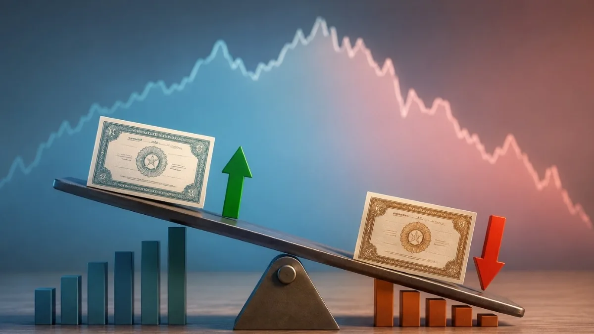 Balança inclinada com títulos financeiros, setas de alta e queda e gráficos ao fundo, representando a variação de preço da renda fixa pela marcação a mercado.