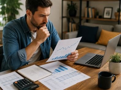 Autônomo analisando a média de renda dos últimos meses para planejar o orçamento mensal