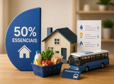 Representação dos 50% do orçamento destinados a moradia, contas, alimentação e transporte no método 50-30-20.