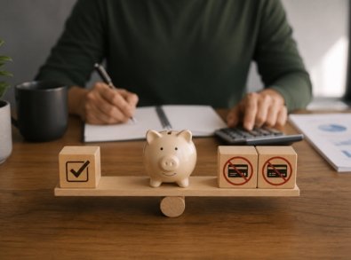 Pessoa organizando o orçamento com calculadora e caderno diante de um cofrinho e símbolos que representam controle das contas e redução do uso de crédito.