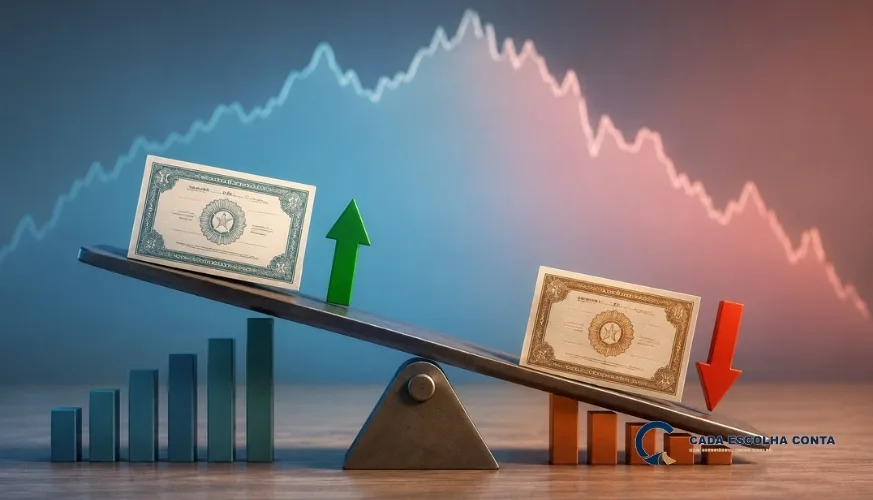 Balança inclinada com títulos financeiros, setas de alta e queda e gráficos ao fundo, representando a variação de preço da renda fixa pela marcação a mercado.