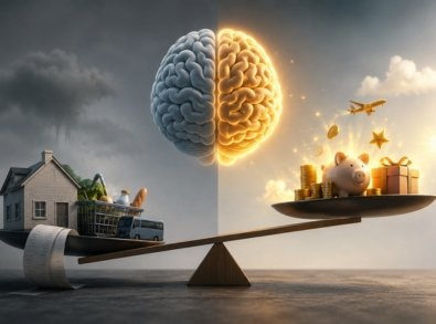 Balança com casa, compras de mercado, transporte e contas de um lado e, do outro, cofrinho, moedas e símbolos de expectativas financeiras positivas, sob um cérebro dividido entre os dois cenários.