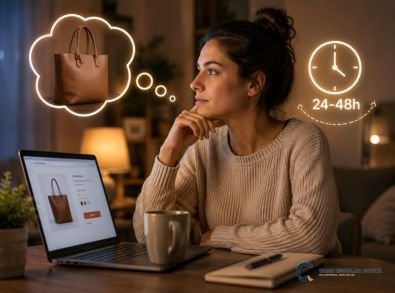 Mulher refletindo antes de finalizar uma compra online e aguardando de 24 a 48 horas para decidir.