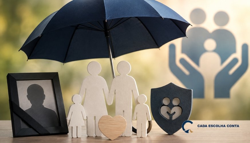 Família representada por figuras de madeira protegidas por um guarda-chuva, ao lado de um retrato com faixa de luto, coração e escudo simbolizando a pensão por morte do INSS.