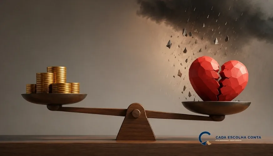 Balança inclinada com pilhas de moedas douradas de um lado e um coração vermelho quebrado sob uma nuvem escura do outro, representando o impacto emocional da perda financeira.