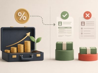 Ilustração com moedas, símbolo de porcentagem e documentos fiscais, comparando visualmente o benefício tributário do PGBL conforme o modelo de declaração do Imposto de Renda.