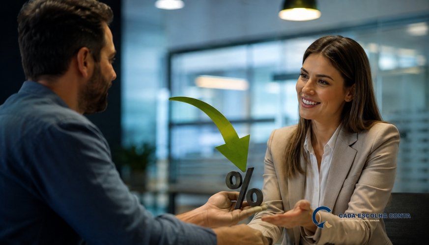 Cliente conversa com consultora financeira sobre redução de juros por meio da portabilidade de crédito.