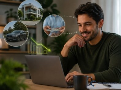 Homem analisa no notebook opções de portabilidade para financiamento de imóvel e veículo, buscando condições de crédito mais vantajosas.